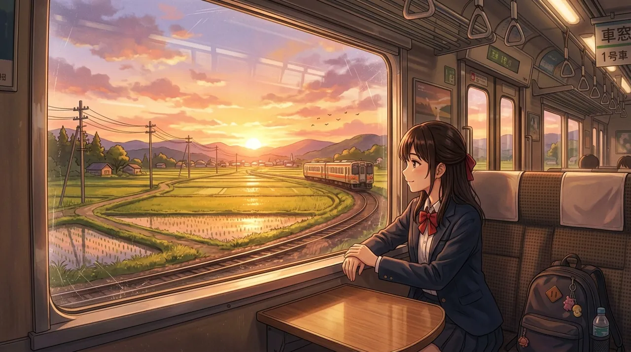 Nano Banana 2 anime scene of a girl looking out of a train window at a sunset over rice fields