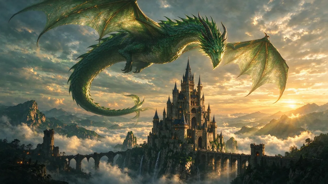 Seedream 5 Flash fantasy painting of an emerald dragon circling a cliffside castle above clouds