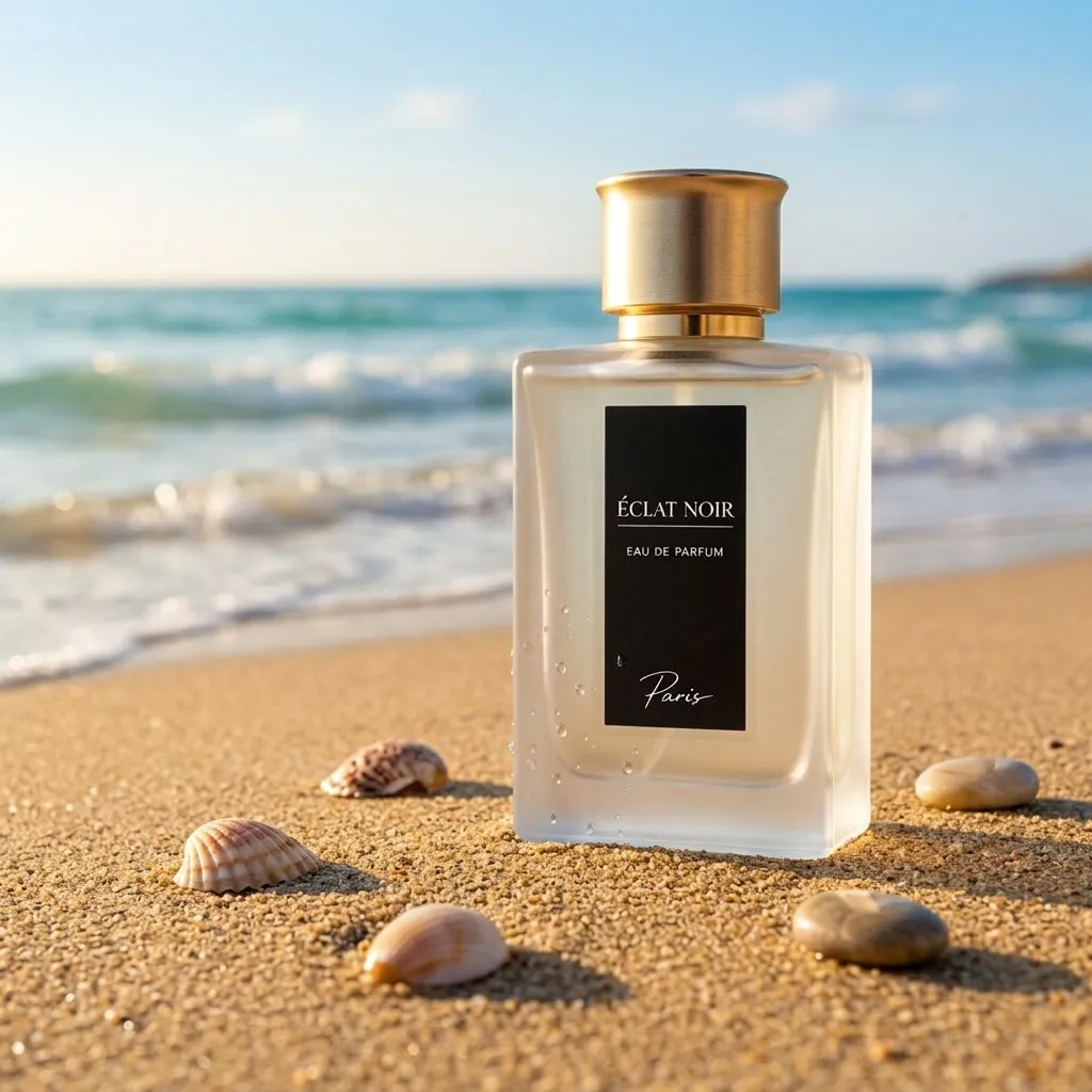 After the Nano Banana 2 edit: the same perfume bottle and label on warm sand at a sunny beach with seashells