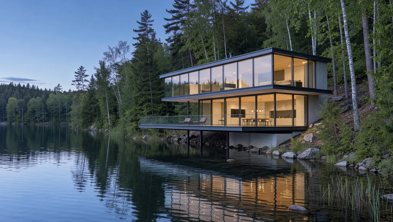 Flux 3 architectural photo of a glass house cantilevered over a forest lake at twilight