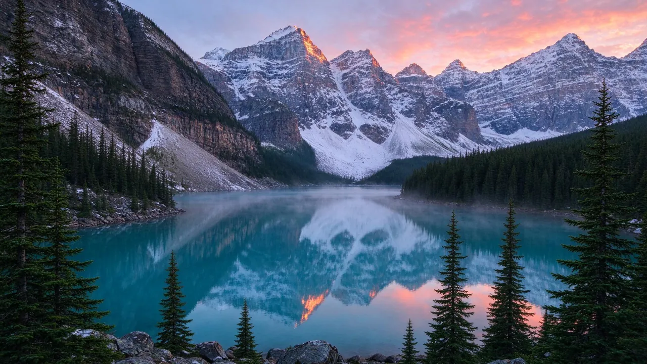 Seedream 5 Flash landscape of a turquoise alpine lake reflecting snowy peaks at sunrise