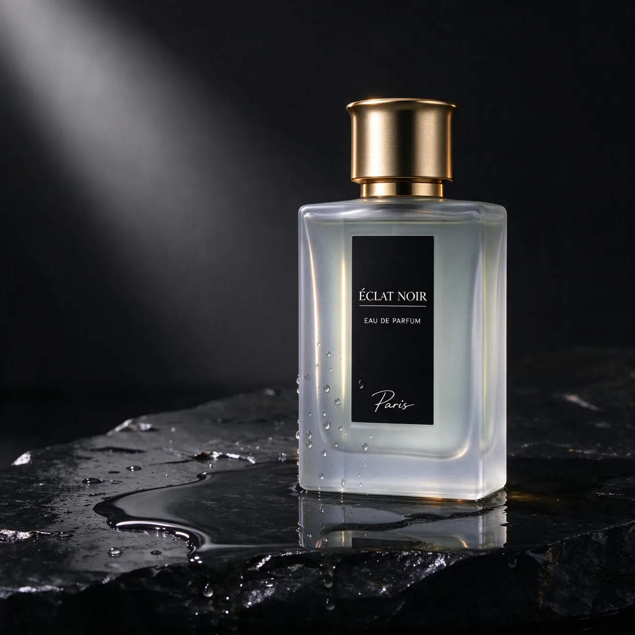 Seedream 5 Flash product photo of a frosted perfume bottle with a gold cap on wet black stone