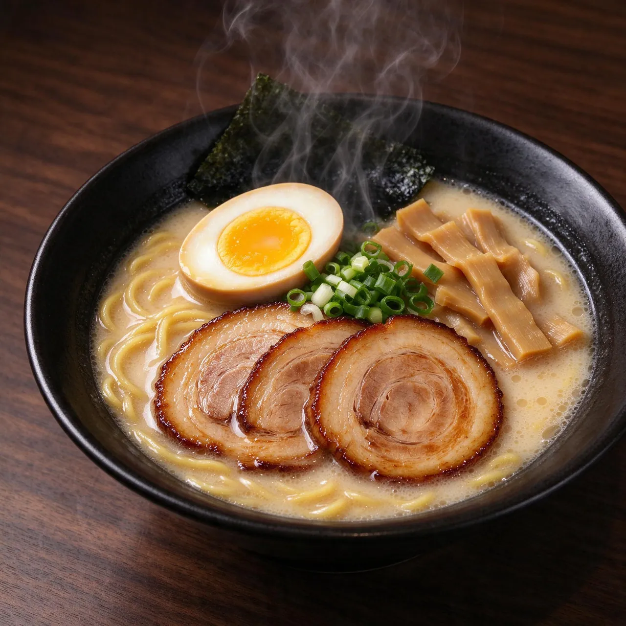 Seedream 5 Flash food photo of a tonkotsu ramen bowl with chashu, soft egg and scallions