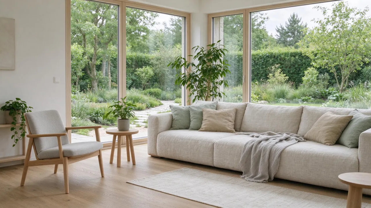 Seedream 5 Flash interior: Scandinavian living room with oak floor, linen sofa and a garden window
