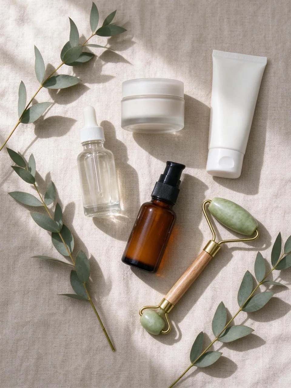 Seedream 5 Flash flat lay of skincare bottles and a jade roller on beige linen with eucalyptus