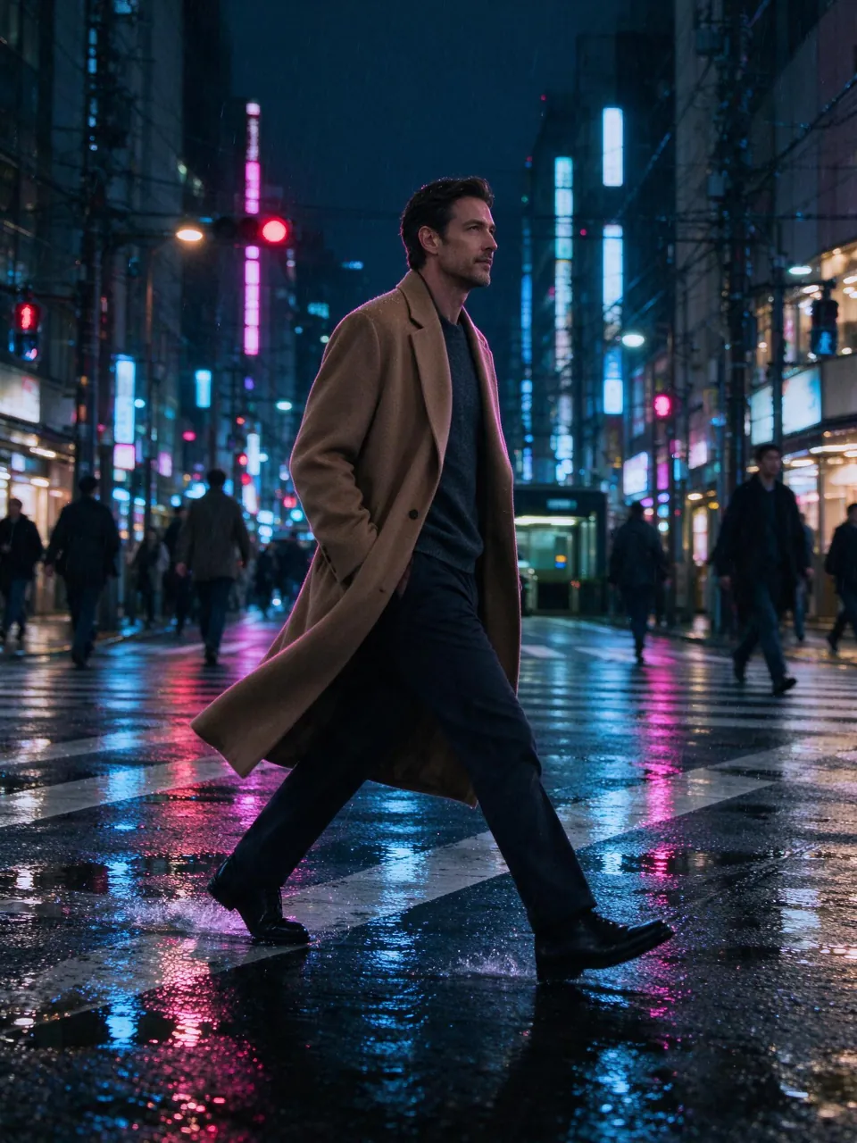 Seedream 5 Flash street style photo of a man in a camel coat on a rainy neon-lit Tokyo street