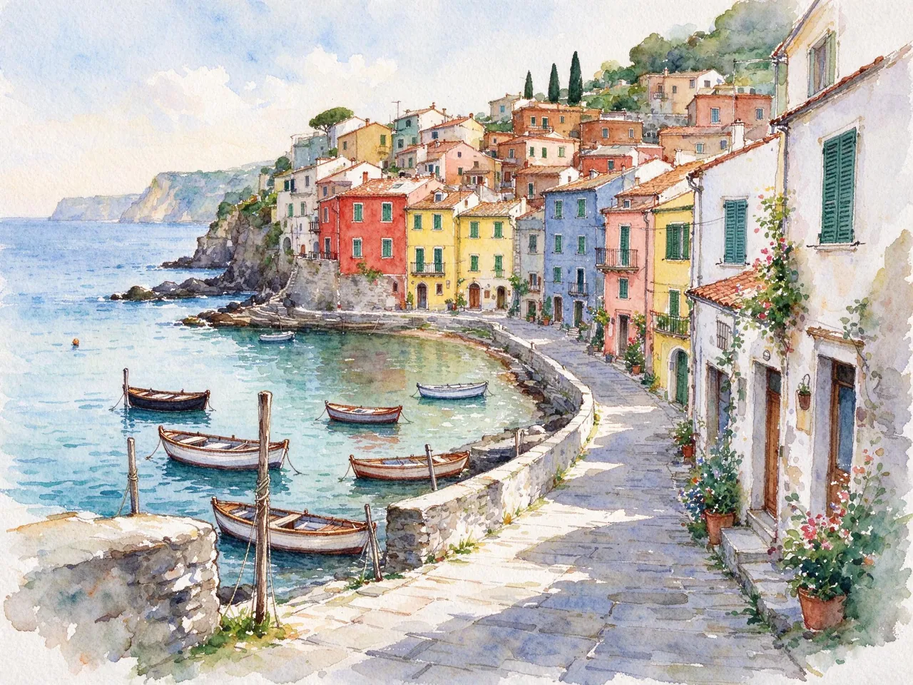 Seedream 5 Flash watercolor of a colorful Italian seaside village with small boats
